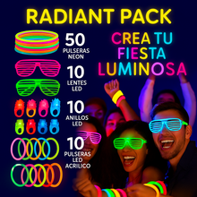 Cargar imagen en el visor de la galería, RADIANT PACK 80pzas- Paquete de artículos luminosos para fiestas - Incluye 50 pulseras neón, 10 anillos led, 10 lentes led y 10 pulseras led