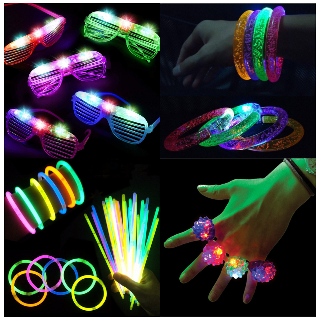 COSMO PACK 110pzas- Paquete de artículos luminosos para fiestas - Incluye 50 pulseras neón, 20 anillos led, 20 lentes led y 20 pulseras led