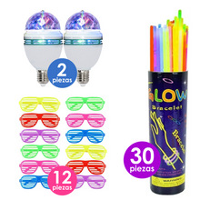 Cargar imagen en el visor de la galería, Paquete Fiesta Luminosa Foco Led Giratorio Lentes Led Pulseras Neon 44 pzs