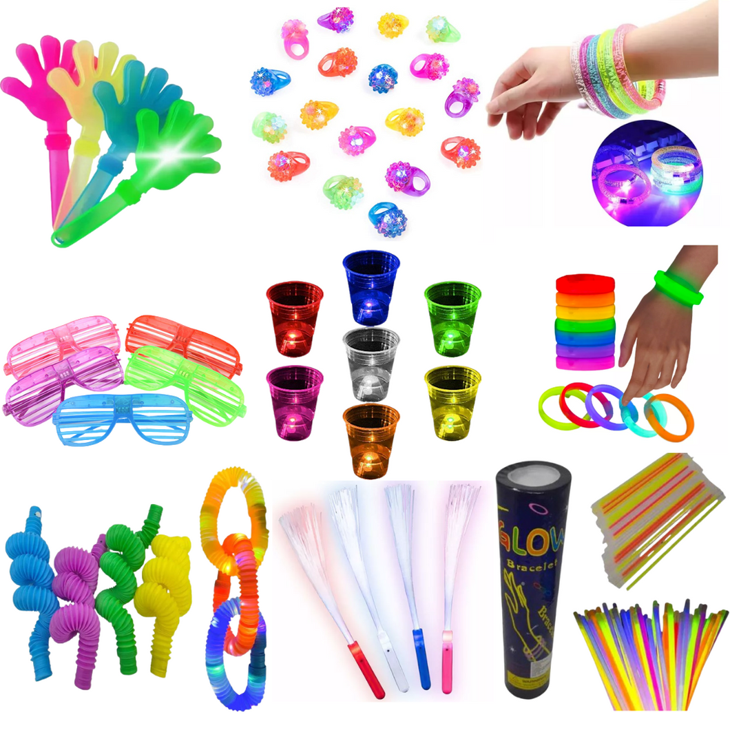 MEGA PACK 169pzas- Paquete de artículos luminosos para fiestas - 12 manitas led aplaudidoras, 12 anillos led, 12 pulseras led, 12 lentes led, 12 pop tubes led, 12 varitas de fibra óptica led, 12 vasos desechables led, 50 pulseras neón, 35 brazaletes neón