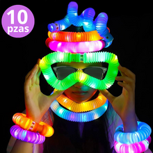 Cargar imagen en el visor de la galería, SHINE PACK 100pzas- Paquete de artículos luminosos para fiestas - Incluye 50 pulseras neón, 10 anillos led, 10 pulseras led 10 lentes led, 10 diademas led y 10 pop tubes led
