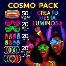 Cargar imagen en el visor de la galería, COSMO PACK 110pzas- Paquete de artículos luminosos para fiestas - Incluye 50 pulseras neón, 20 anillos led, 20 lentes led y 20 pulseras led
