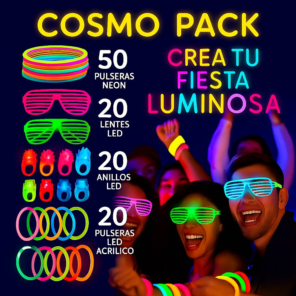 COSMO PACK 110pzas- Paquete de artículos luminosos para fiestas - Incluye 50 pulseras neón, 20 anillos led, 20 lentes led y 20 pulseras led