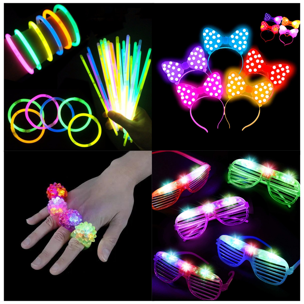 SHINE PACK 100pzas- Paquete de artículos luminosos para fiestas - Incluye 50 pulseras neón, 10 anillos led, 10 pulseras led 10 lentes led, 10 diademas led y 10 pop tubes led