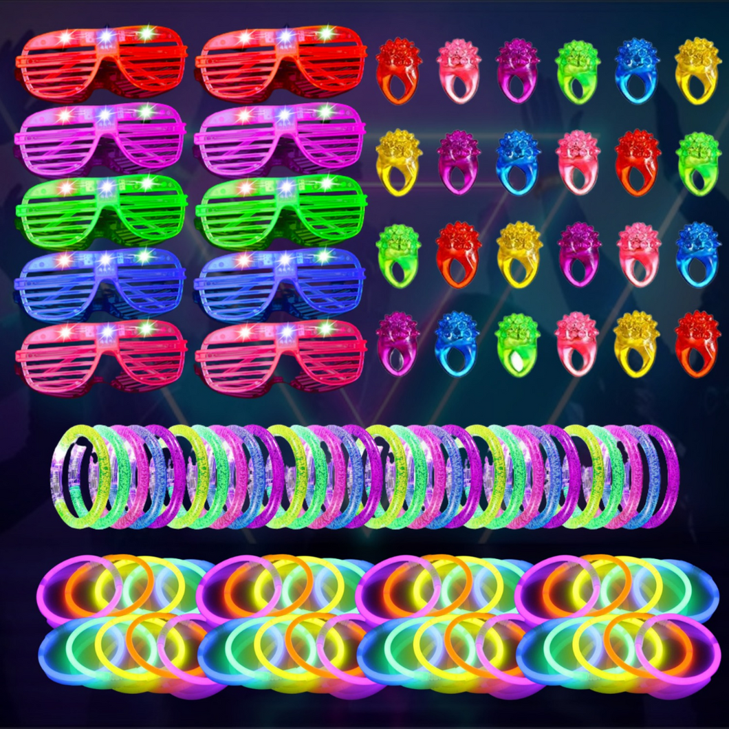 GLOW PACK 210pzas- Paquete de artículos luminosos para fiestas - Incluye 150 pulseras neón, 20 anillos led, 20 pulseras led 20 lentes led.